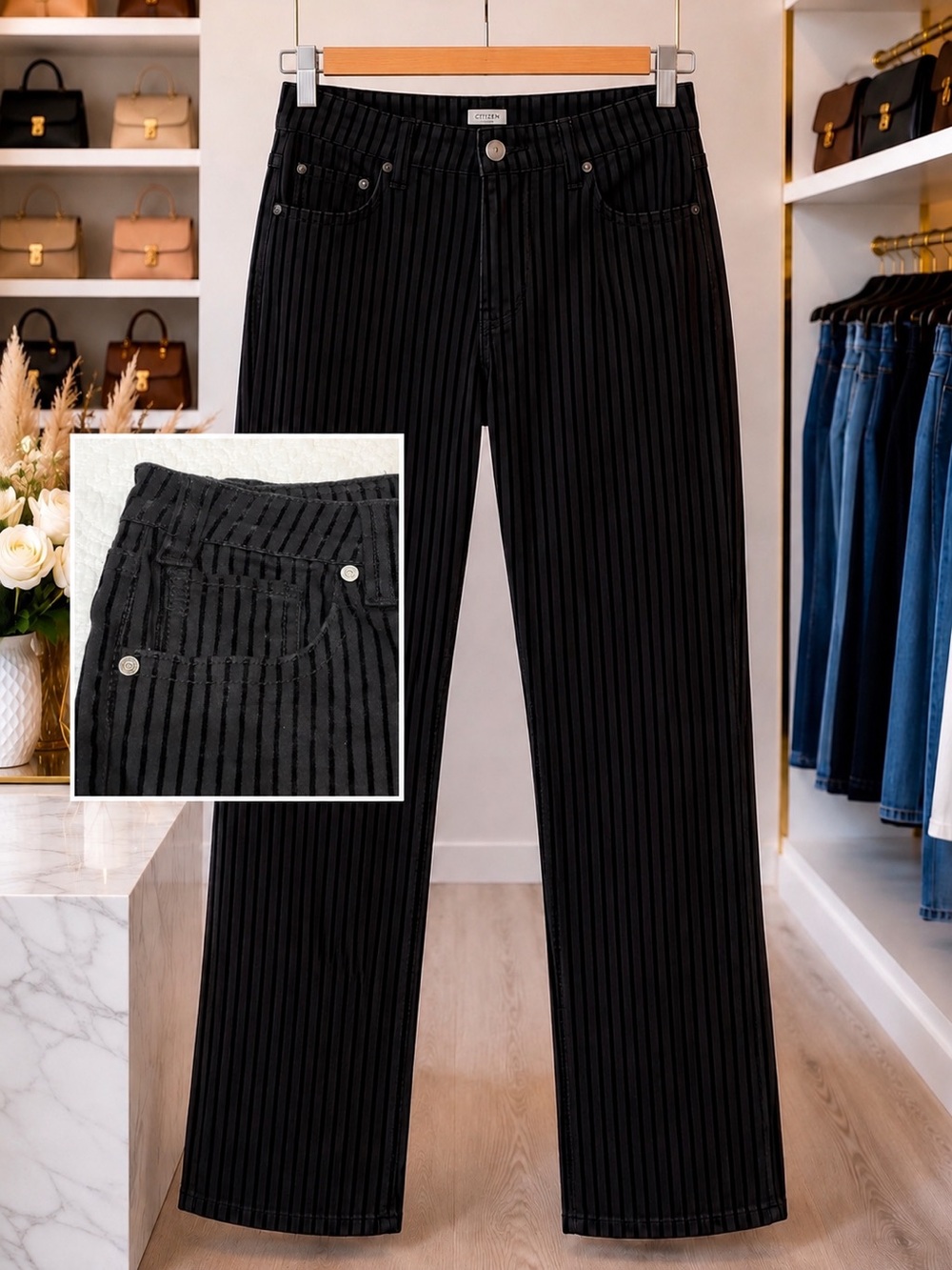 💥3/$50 Rock&Roll Denim Black Velvet Vertical Stripes | Rock Moto Casual | GUC